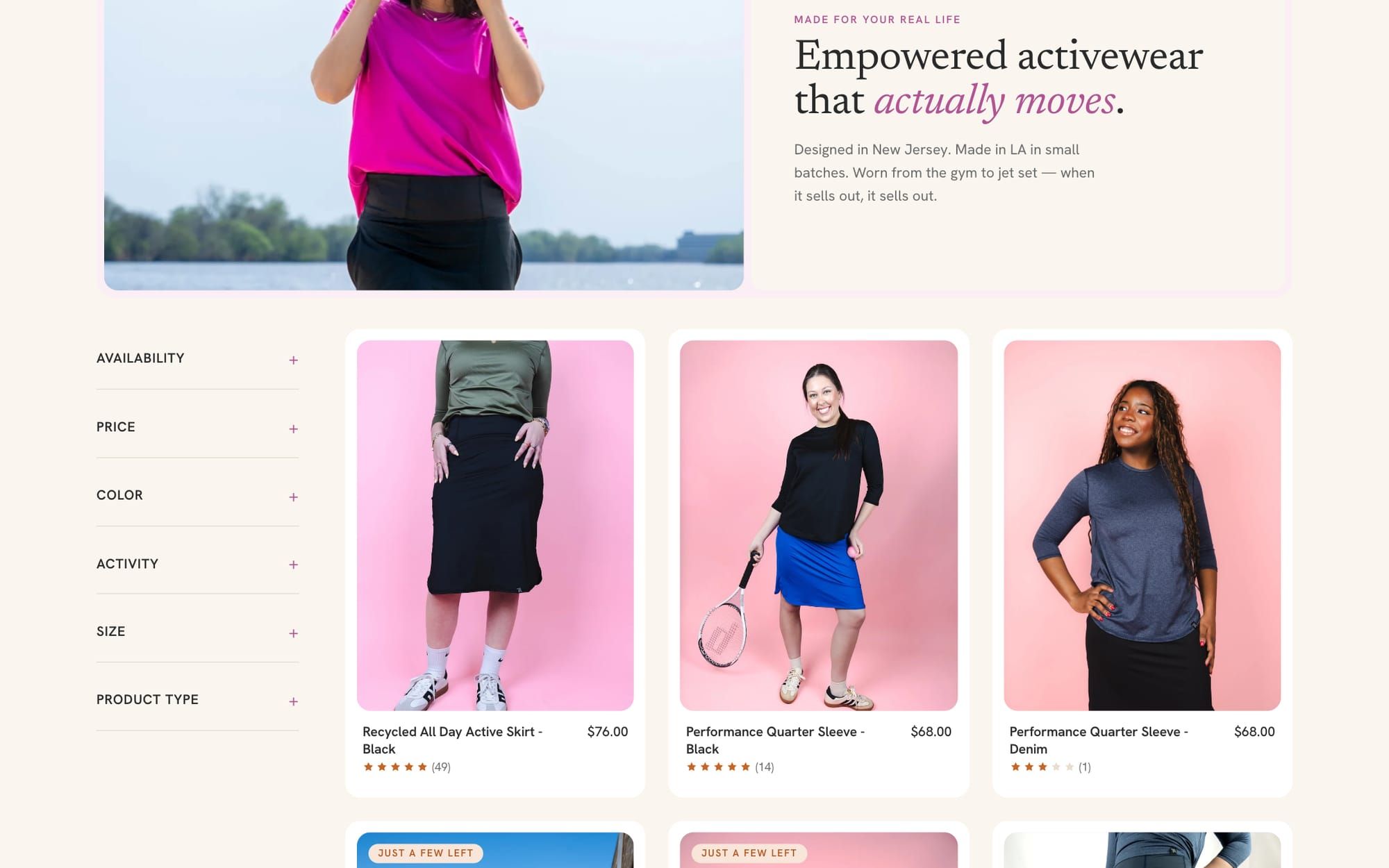Yoga and Pilates collection page with a 29-piece count, sort menu, brand story panel, and filter sidebar