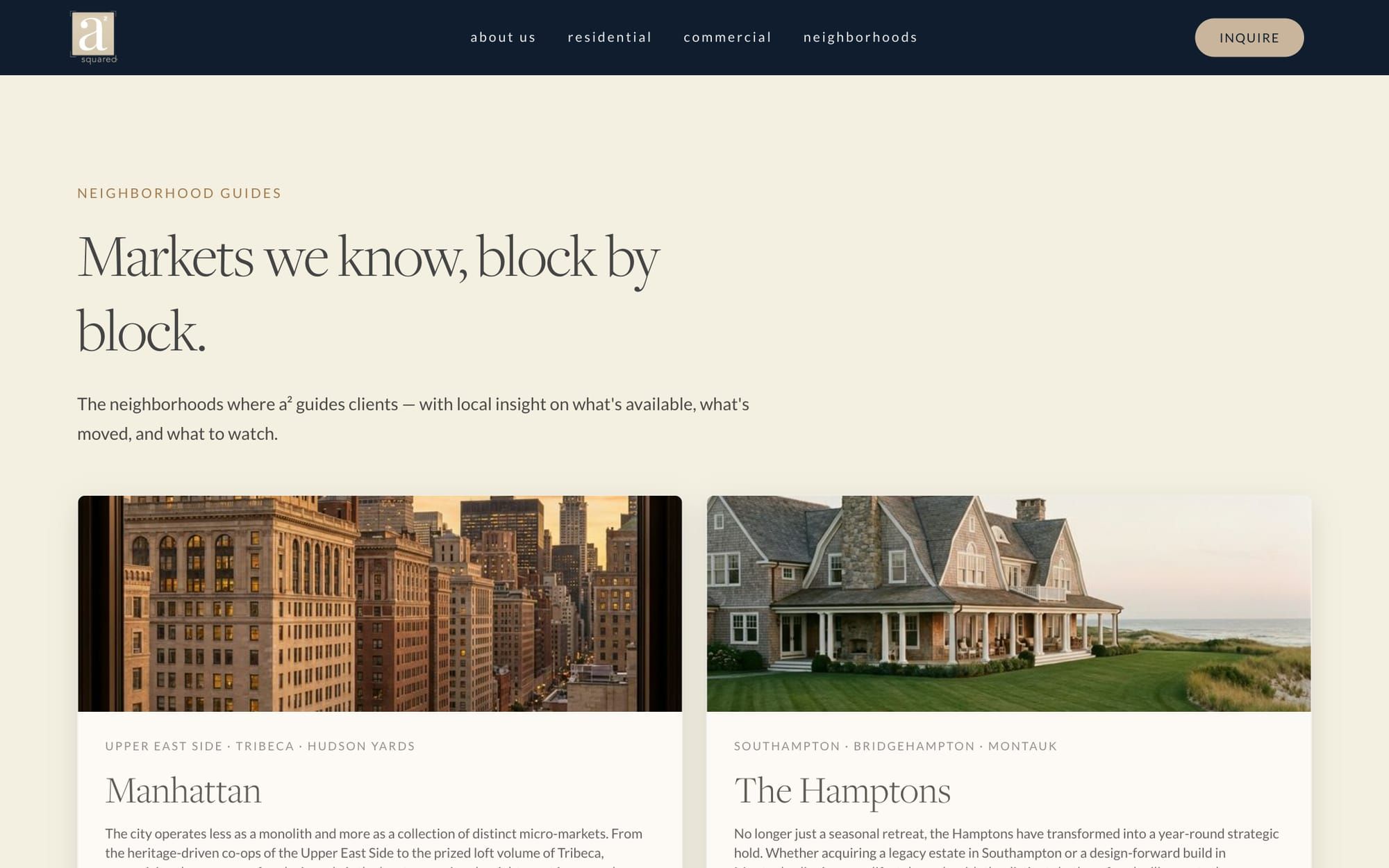 Neighborhood guides index titled Markets we know, block by block, with cards for Manhattan and the Hamptons