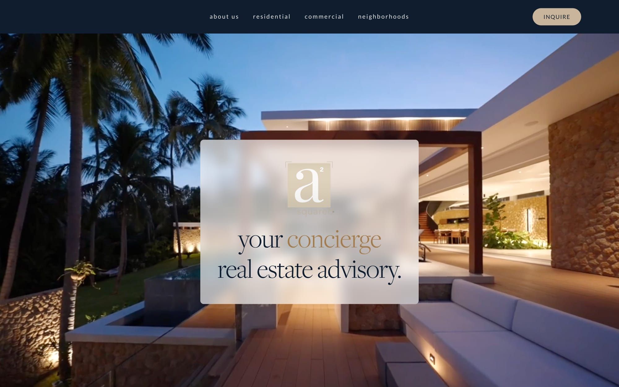 a² homepage with an evening photo of a modern home and a frosted panel reading your concierge real estate advisory