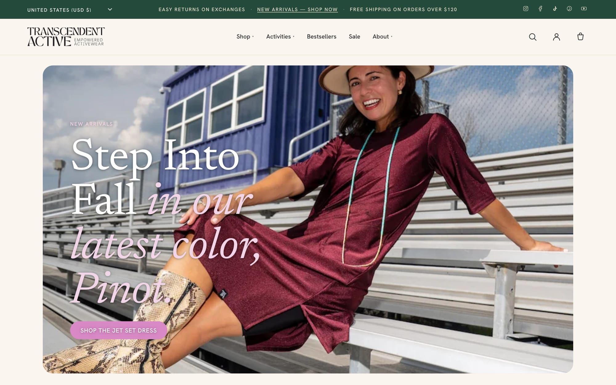 Transcendent Active homepage with a full-width seasonal campaign photo, a serif headline, and a pink shop button
