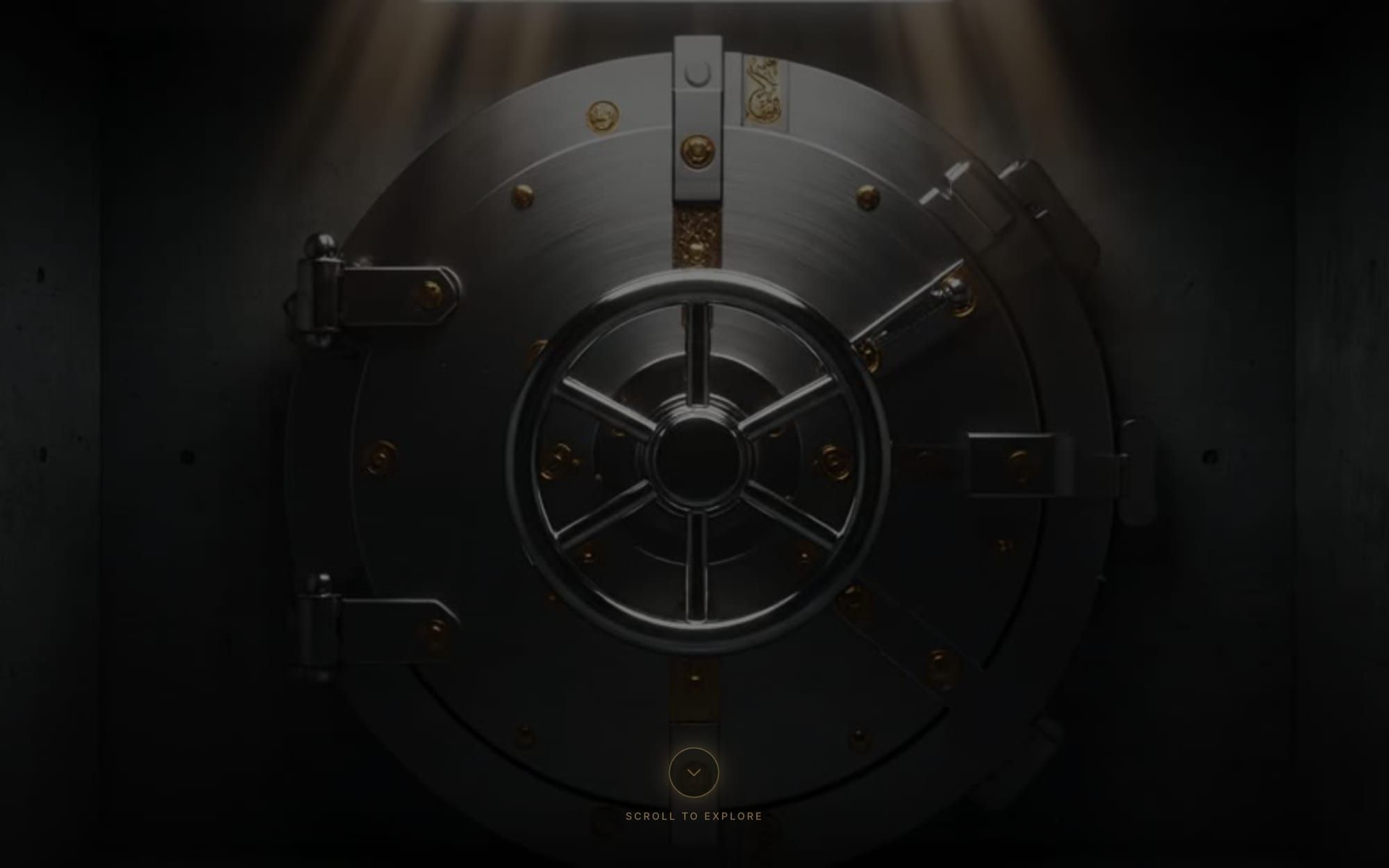 Dimly lit close-up of a round vault door with a spoked handle, above a scroll to explore prompt