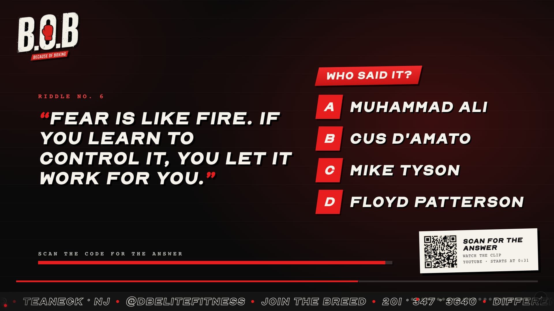 Lobby screen panel for the Because of Boxing campaign showing a boxing quote trivia question with four answers and a QR code