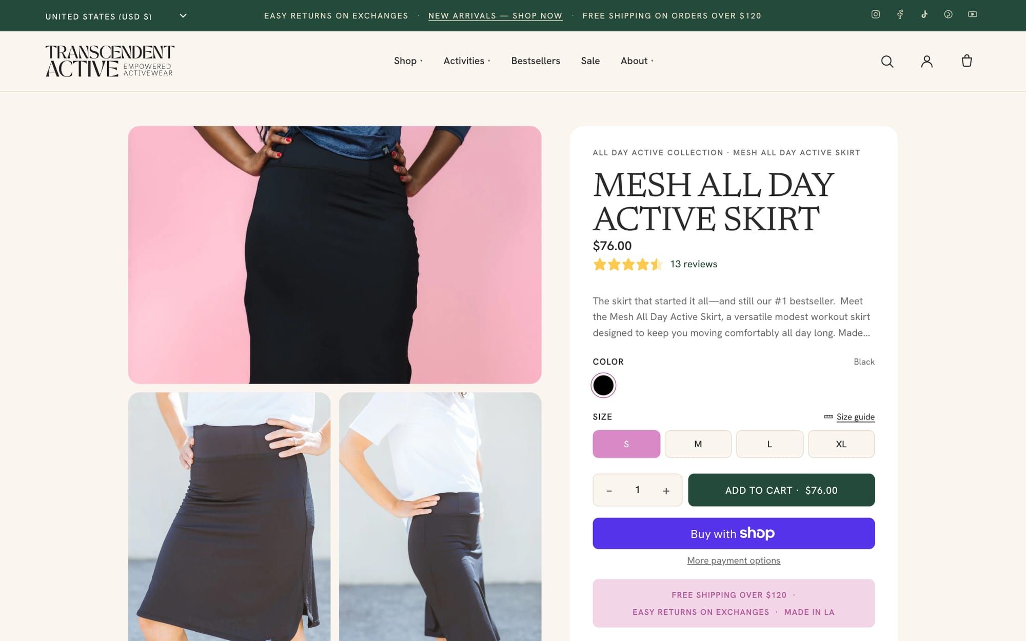 Product page for the Mesh All Day Active Skirt showing photos, price, star rating, color and size options, and add to cart